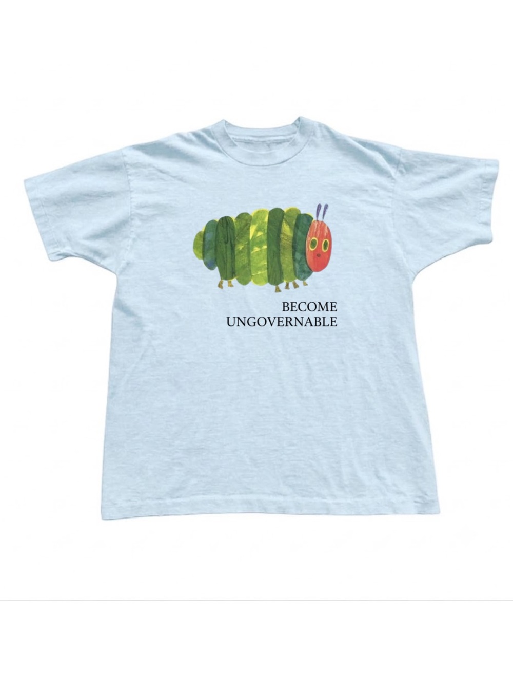 Gildan Light Blue Tee with Green Caterpillar Graphic